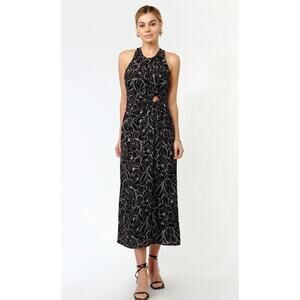 Greylin Fiona O-Ring Midi Dress Black Floral Halter Cutout NWT Size L